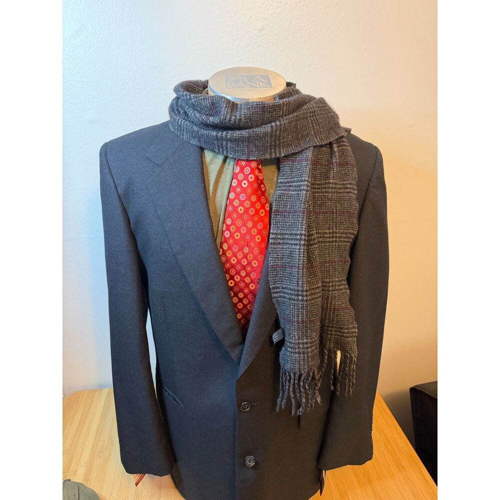 Enzo Mantovani 100% Cashmere Fringe Scarf Grey Glen Plaid Purple Windowpane